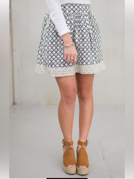 LOFT Dresses & Skirts - NWT linen blend Cottagecore Diamond-Print Mini Skirt in Navy and Cream size 8